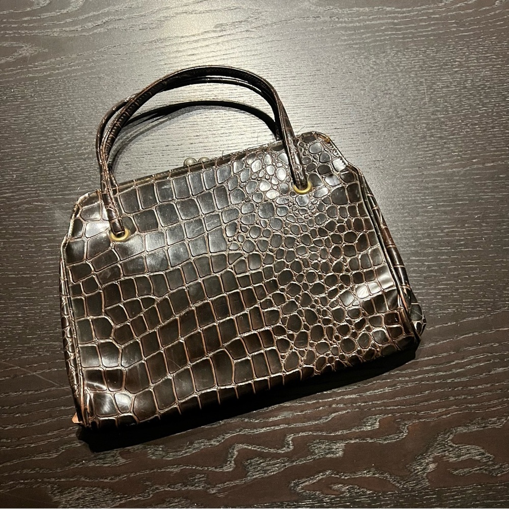 Vintage Brown Frame Top Handle Clutch with Gold Trim